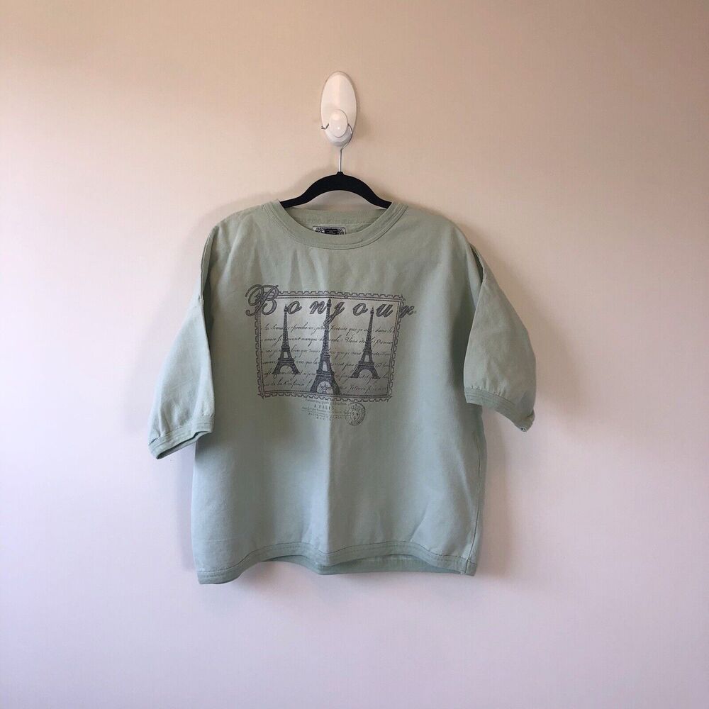 Vintage 90s Bon Jour Paris Crewneck Sweatshirt Cropped Light Green Oversized M/L